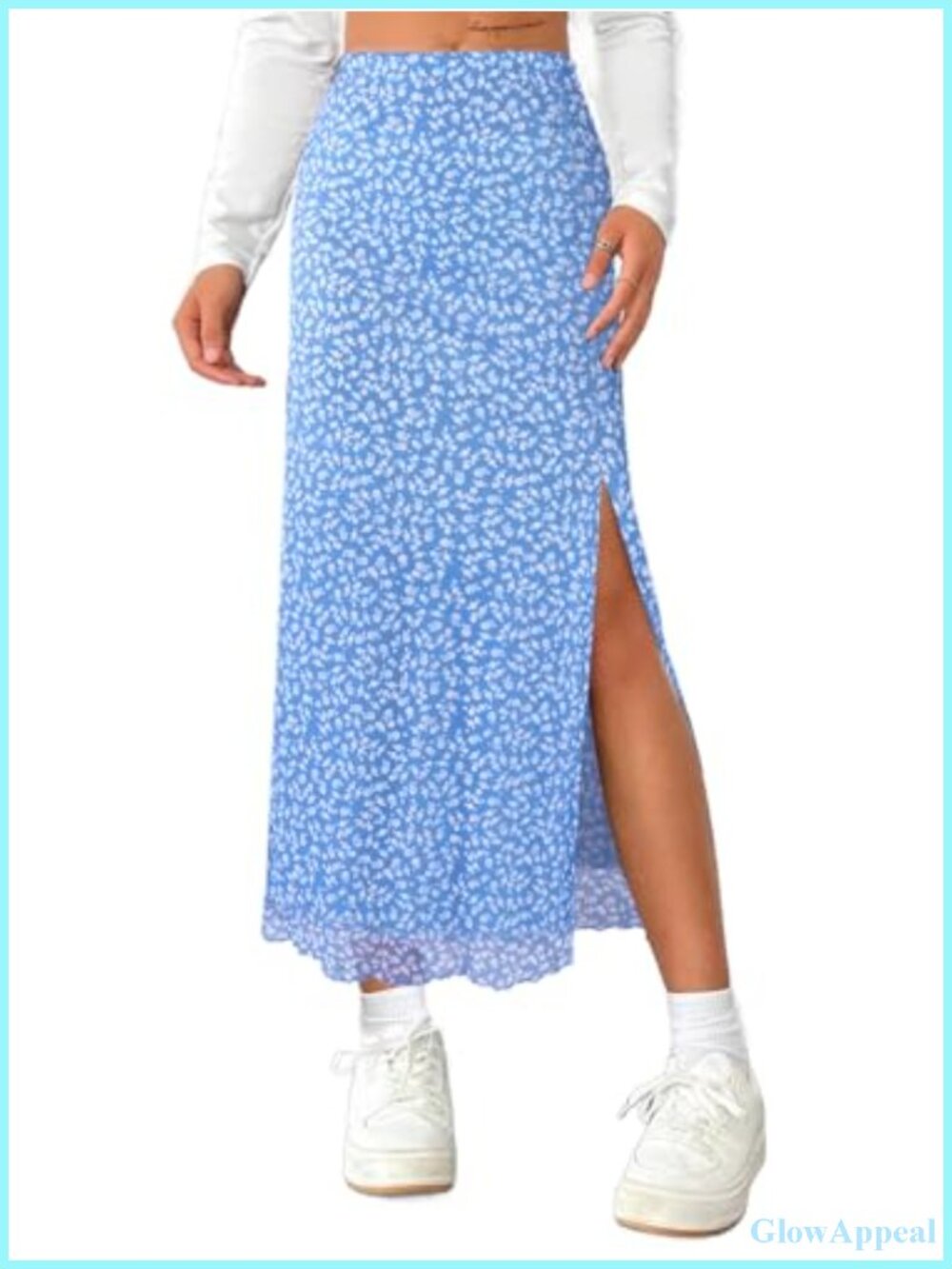 High Waisted Mesh Split Maxi Skirt with Floral Print, Elastic Waist